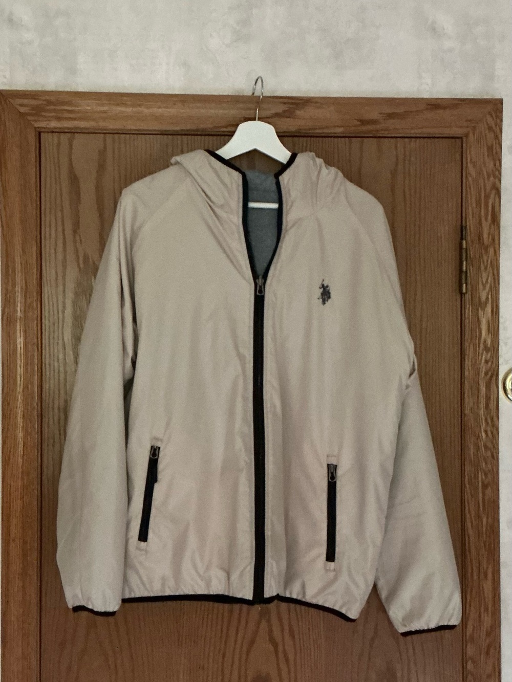 U.S. Polo Assn. Reversible Men's Hooded Windbreaker in Beige and Grey